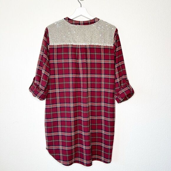 Entro Plaid Red Flannel Pocketed Roll Tab Sleeve Tunic with Sequin Trim L - Picture 8 of 12